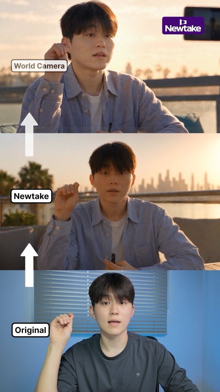위쪽 World Camera, 가운데 Newtake, 아래쪽 Original이 같은 순간을 보여주는 민AI 릴스
